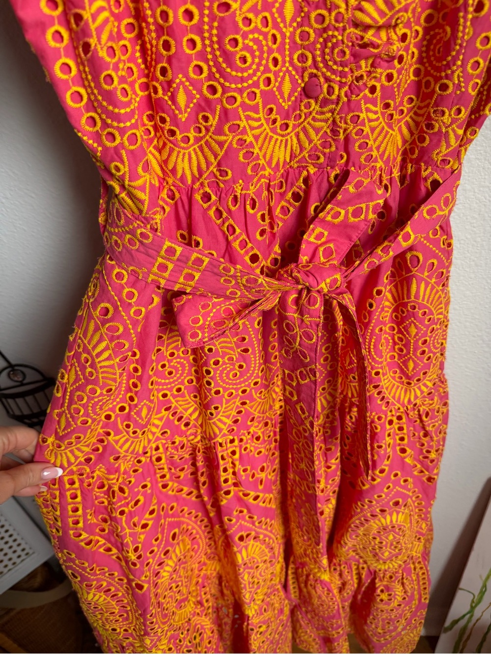 NWT Abbey Glass Sadie Maxi Dress Coral and Yellow Eyelet Sz L - Picture 9 of 13